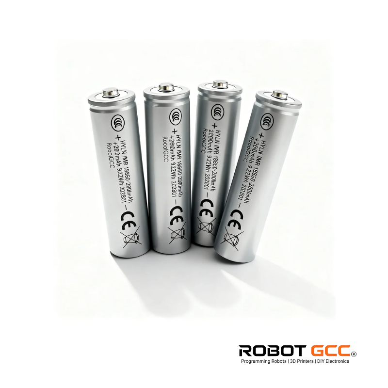 Four silver batteries with branding on a white background