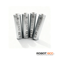 Four silver batteries with branding on a white background