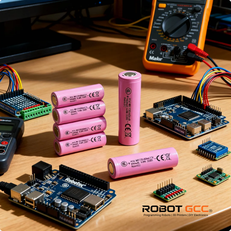 Electronic components including batteries and circuit boards on a wooden surface with 'Robot GCC' branding.