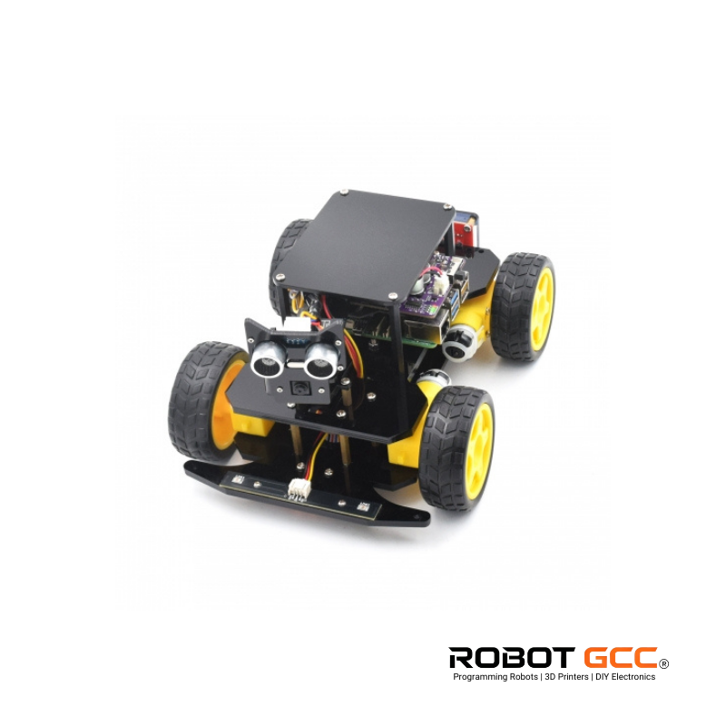 Robotic vehicle with yellow wheels on a white background, featuring the Robot GCC logo.