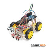 Robot chassis with wheels and electronic components on a white background, featuring the RobotGCC logo.