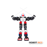 Toy robot with black, white, and red colors on a white background