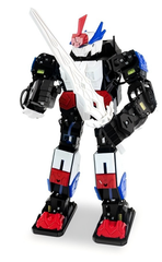 Toy robot figure with black, white, red, and blue colors on a white background