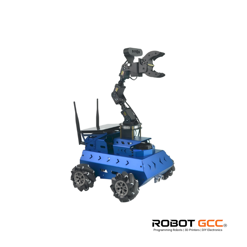Blue robot with a mechanical arm on a white background, featuring the brand 'Robot GCC'.