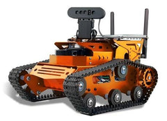 Orange and black robot with tracks on a white background