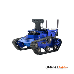 Blue robot with tracks on a white background, featuring the brand 'Robot GCC'.