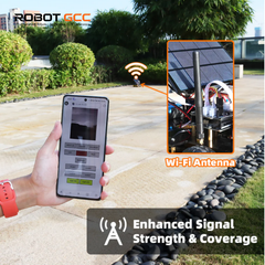 Hand holding a smartphone with a Wi-Fi signal app, showing a robot with a Wi-Fi antenna on a garden path.