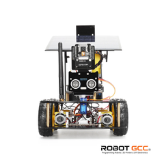 Robotic chassis with electronic components on a white background, featuring the Robot GCC logo.