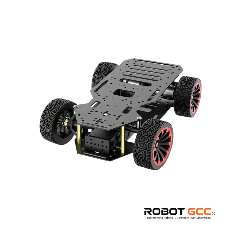 Robot chassis with red wheels on a white background, featuring the Robot GCC logo.