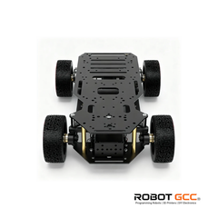 Black robot chassis with wheels on a white background, featuring the Robot GCC logo.