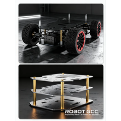 Robot chassis with red wheels on a reflective surface, followed by a metal stand with gold accents.