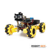 Robotic vehicle with yellow wheels on a white background, featuring the ROBOT GCC logo.