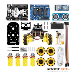 Robotics kit with components and accessories on a white background, featuring the ROBOT GCC logo.