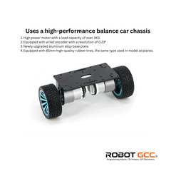 High-performance balance car chassis with specifications on a white background