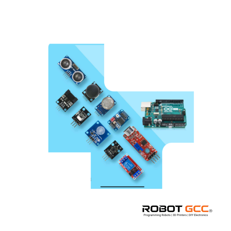 Collection of electronic components on a blue background with Robot GCC branding.
