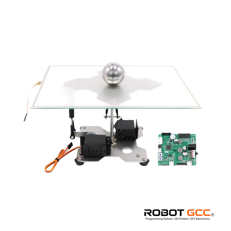 Mechanical arm with ball and electronic component on a white background, featuring the ROBOT GCC logo.