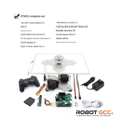 STM32 robotics kit with components and accessories on a white background, featuring the Robot GCC logo.