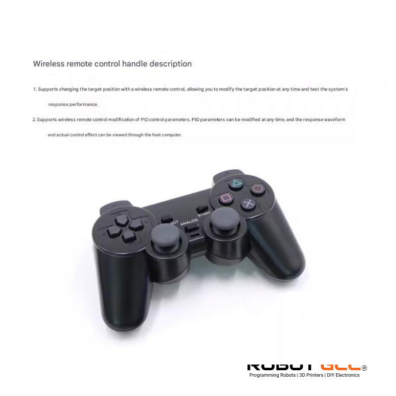 Black wireless remote control handle on a white background with text about its features.