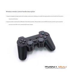 Black wireless remote control handle on a white background with text about its features.