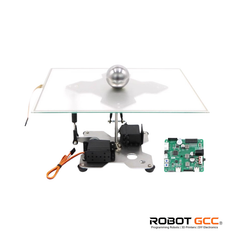 Mechanical arm with ball and electronic component on a white background, featuring the ROBOT GCC logo.