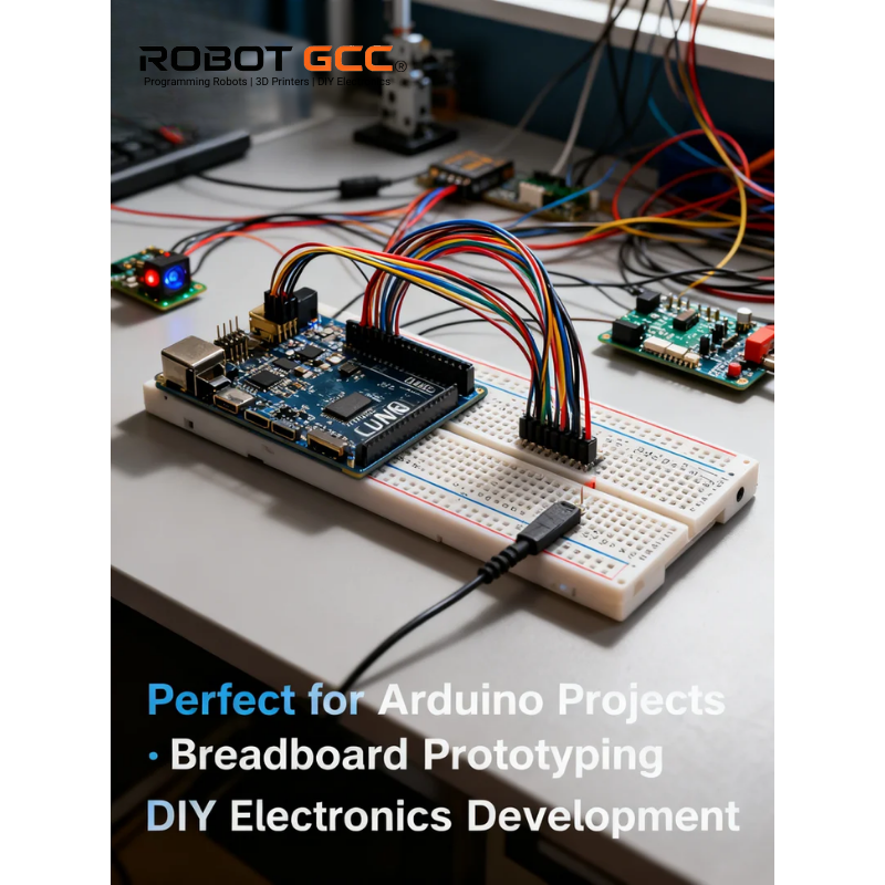 Arduino board with breadboard and multicolored wires on a desk, with 'Robot GCC' branding.