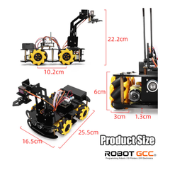 Robotic arm and chassis with dimensions labeled, featuring the Robot GCC logo.