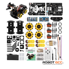 Collection of robotic components and parts on a white background with 'Robot GCC' branding.