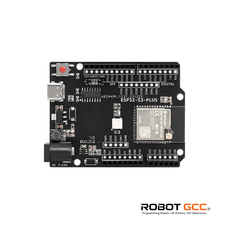 Electronic circuit board with various components on a white background, featuring the Robot GCC logo.