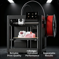 3D printer in operation with a printed object and spool of filament on a dark background, featuring the brand 'robotgcc'.