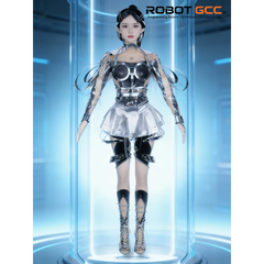 Robotic doll in a transparent display case with 'ROBOT GCC' branding.