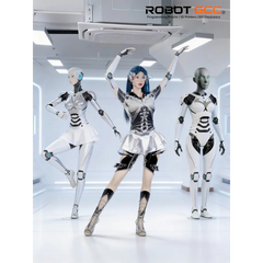 Person in a futuristic outfit with two robots in a high-tech setting, featuring the ROBOT GCC logo.