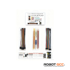Electronic component set with labeled parts on a white background, featuring the ROBOT GCC logo.