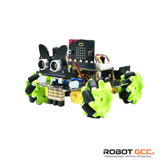 Robotic kit with green wheels and electronic components on a white background, featuring the Robot GCC logo.