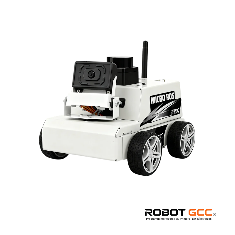 White robot with 'Micro ROS' branding on a white background