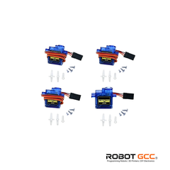Four servo motors with connectors and screws on a white background, branded 'Robot GCC'.