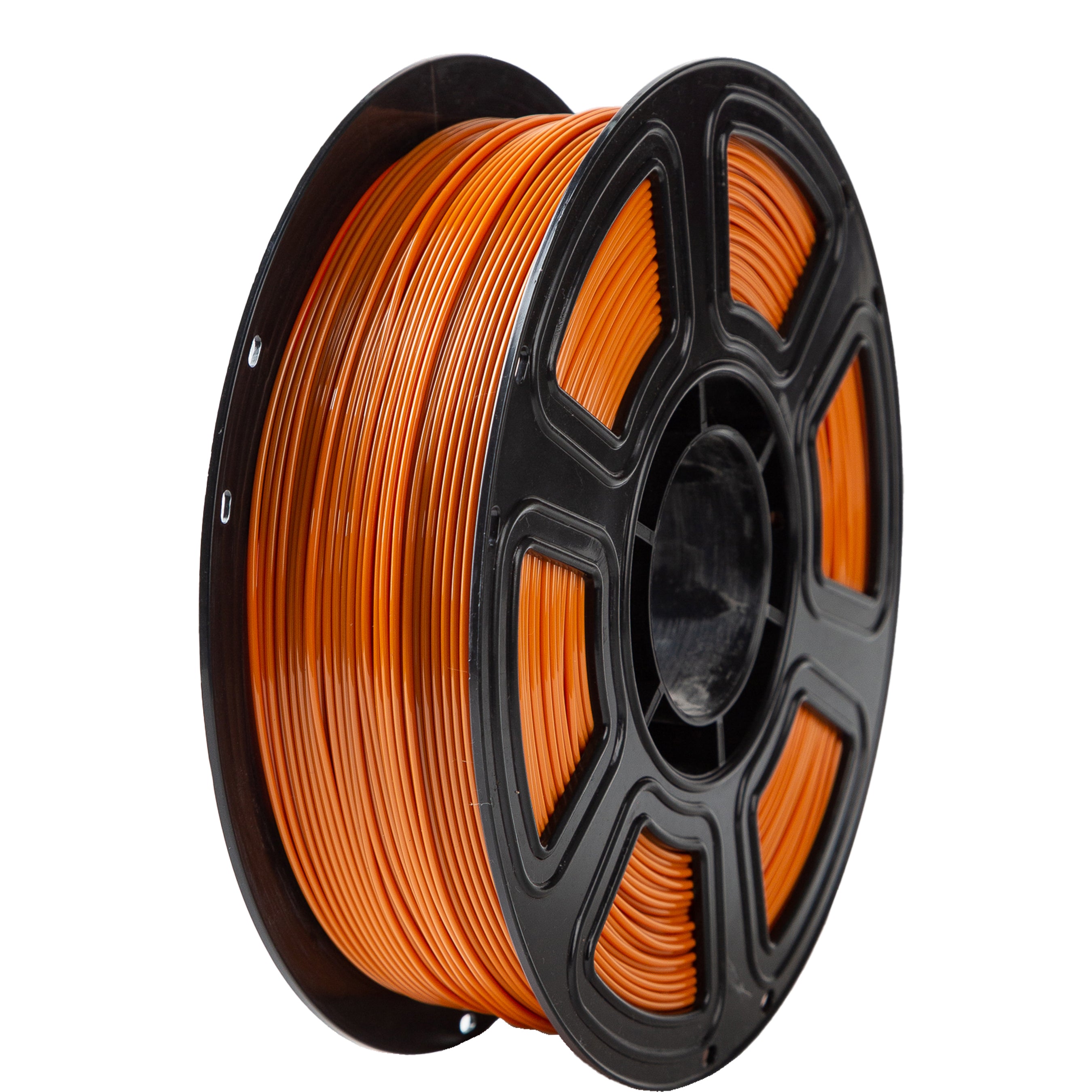 Spool of orange filament on a black spool