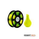 Spool of green filament and a small green object on a white background with Robot GCC branding.