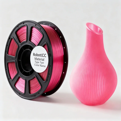 Spool of pink 3D printing filament and a pink vase on a white background