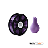 Spool of purple 3D printing filament and a printed object on a white background with Robot GCC branding.