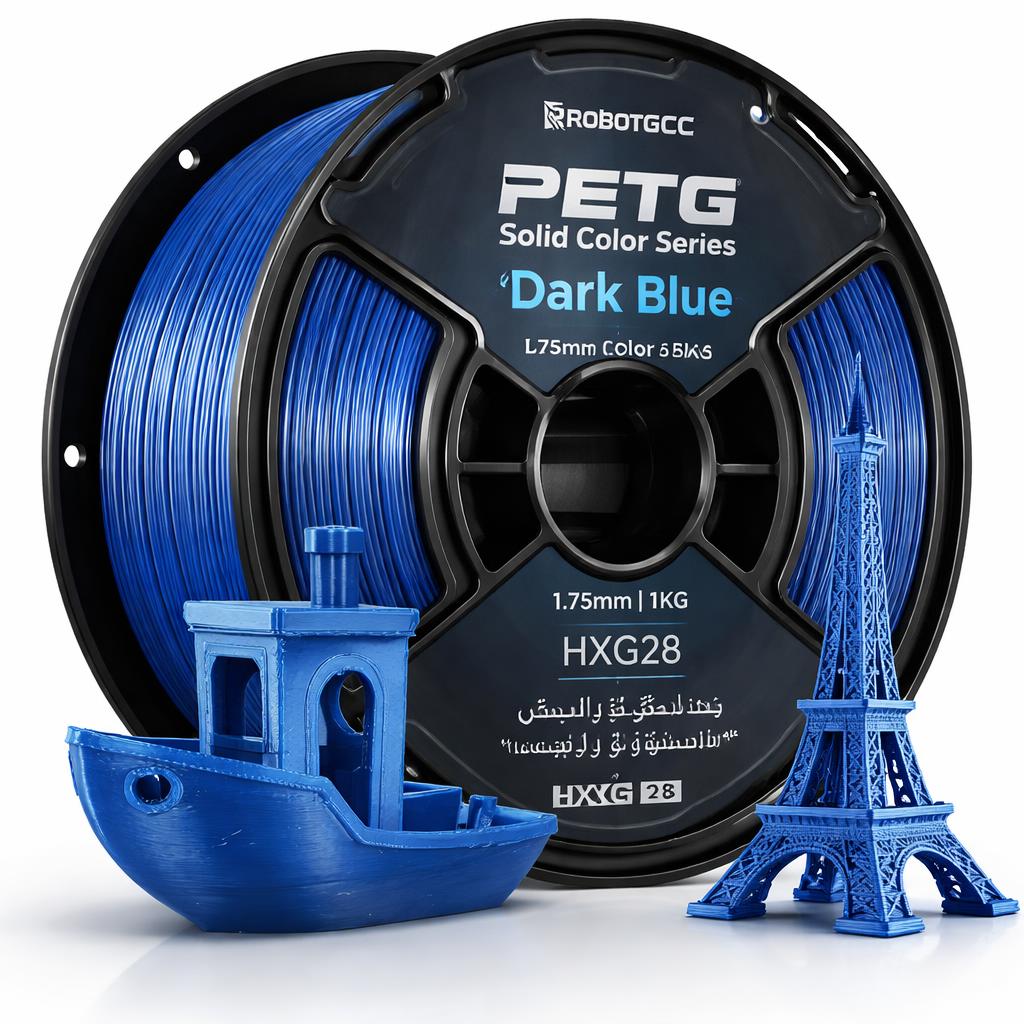 Spool of dark blue PETG filament with 3D printed models on a white background