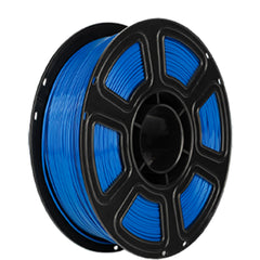 Spool of blue filament on a black plastic spool