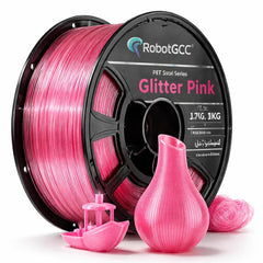 Spool of RobotGCC glitter pink 3D printing filament with printed products on a white background