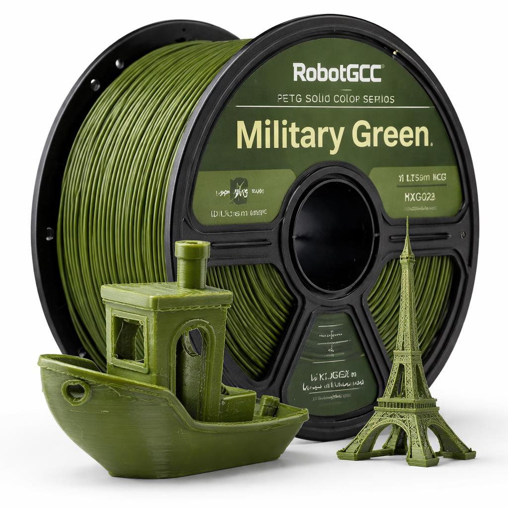 Spool of RobotGCC Military Green filament with 3D printed models of a boat and Eiffel Tower.