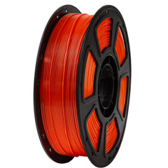 Spool of orange filament on a black spool