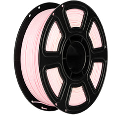 Spool of pink filament on a black spool with a white background