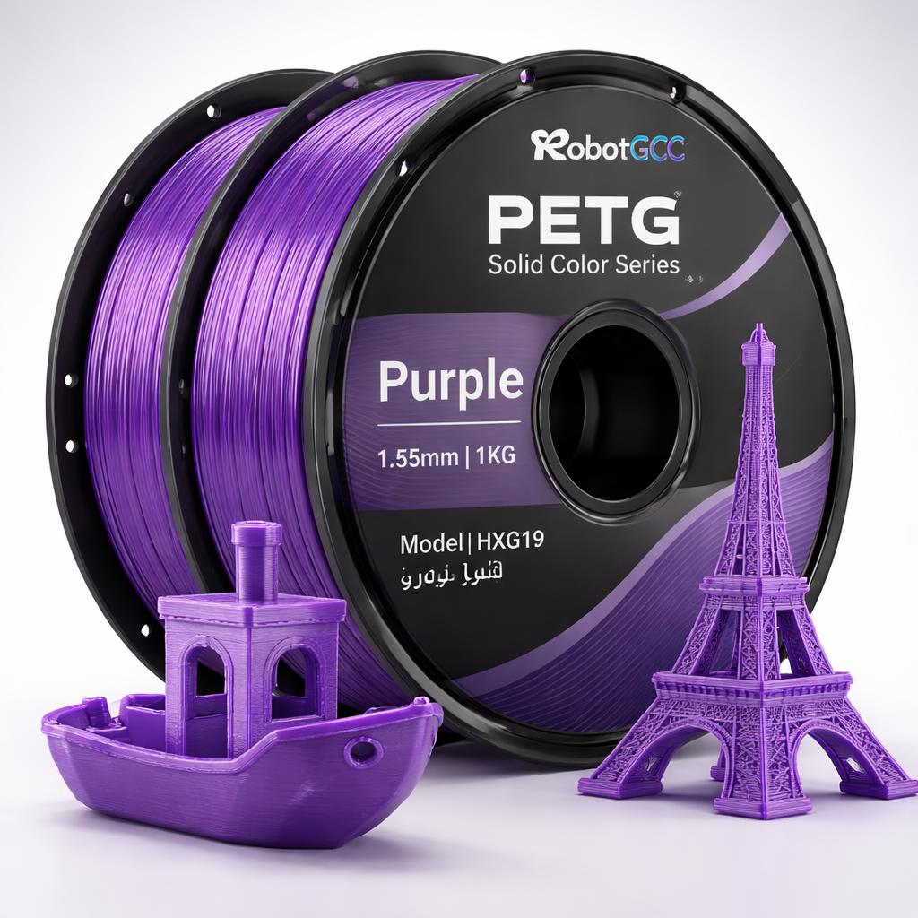 Purple 3D printing filament spool with 3D models of a boat and Eiffel Tower on a white background