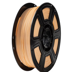 Spool of beige filament on a black spool with a white background