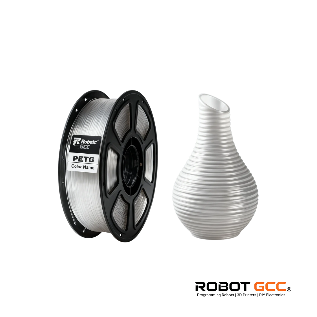 Spool of filament and a 3D printed vase on a white background with Robot GCC branding.