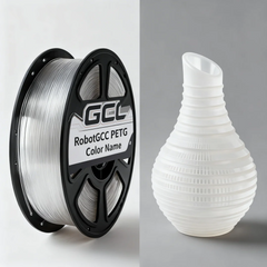 Spool of RobotGCC PETG filament and a 3D printed vase on a gray background