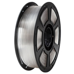 Spool of clear filament on a black plastic reel against a white background